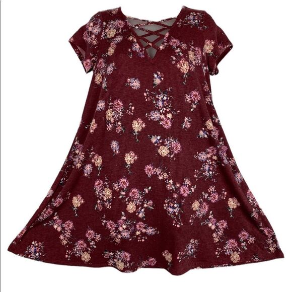 Love Fire Marron Floral V Neck Cold Shoulder Dress M EUC NWT - Picture 2 of 10